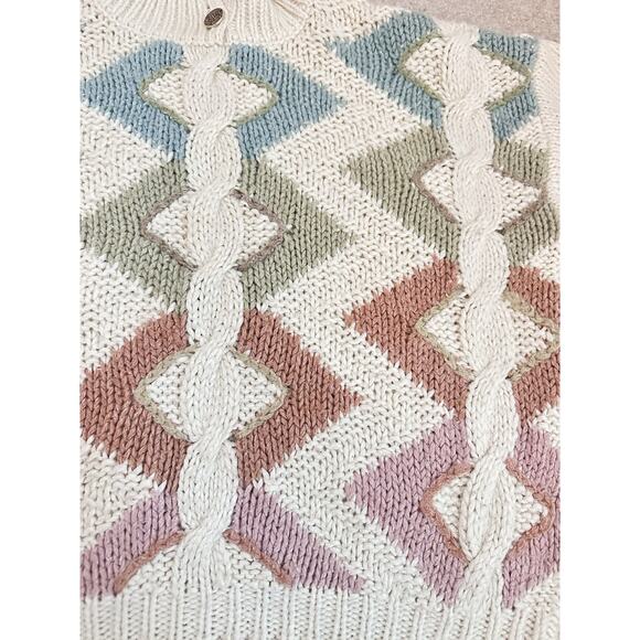 Vtg Hand Knit Chevron Sweater Cream Pastel Y2K Cable Knit Button Collar Grandma - Picture 9 of 9